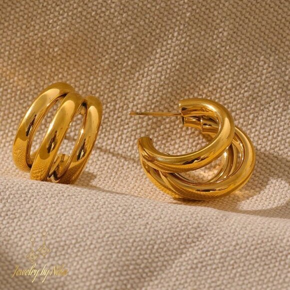 NEW 14K Yellow Gold Trifinity Boho Multi Hoop Statement Luxury Stud Earrings - Picture 7 of 10
